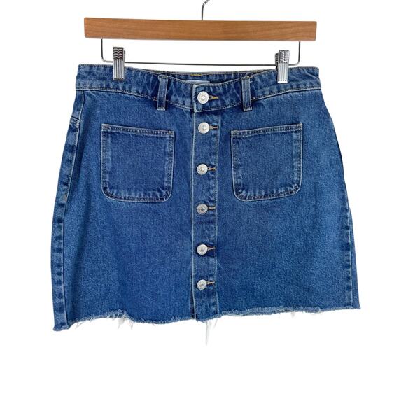 ZARA 100% Cotton Medium Wash Button Front Raw Hem Jean Mini Skirt Pockets Size L - Picture 1 of 6